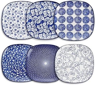 Porcelain Square Dessert Salad Pasta Plates 7.6 inches ceramic plates set of 6 microwave/dishwasher/oven safe, Vintage Blue