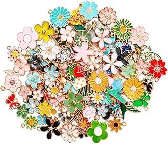 AONELAS MARFOREVER 120 Pcs Spring Floral Themed Flower Charms for Jewelry Making, Assorted Gold Enamel Charm Pendants for DIY Necklace Bracelet Earrings Making Supplies Gifts for Mom