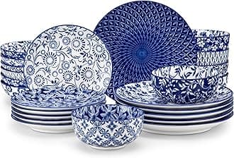 vancasso Selene Plates and Bowls Set, 24 Pieces Vintage Blue Porcelain Dinner Sets for 6 People Scratch Resistant Dinnerware Sets Crockery Set, Mircowave Dishwasher Safe Dishes Set