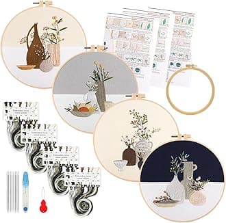 Maydear 4 Pack Embroidery Starter Kit with Pattern, Stamped Cross Stitch Kits for Beginners Adults with Embroidery Hoop and Instructions, Hand Embroidery Kit