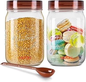 - Vintage Airtight Containers with Spoons for Kitchen Storage, Food Grade Plastic, Stackable & Transparent Organizer Jars, Masala Dabba, Set of 2 (1.5 Litres each) Tea, Coffee, Sugar, Dry Fruits
