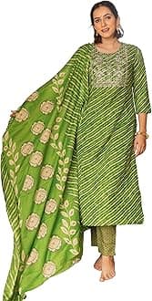 MIRCHI FASHION Women's Straight Fit Cotton Leheriya Printed Sequins Embroidered Kurta Set with Dupatta and Trouser