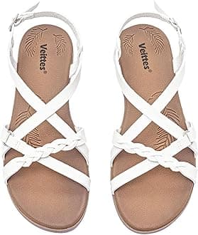 Veittes Women's Casual Flat Slide Sandals,Fashion Braided Cross Strap,Adjustable Ankle Straps, Open Toe Summer Sandals.