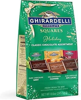 GHIRARDELLI Holiday Classic Chocolate Assortment SQUARES – Limited Edition Milk & Dark Chocolate Candy with Caramel and Mint Flavors, Individually Wrapped, 8.6 oz Bag