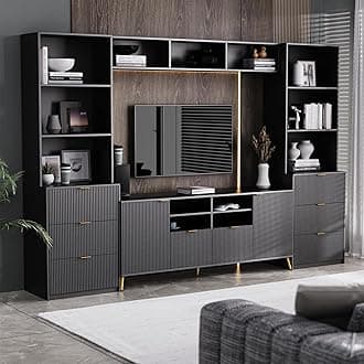 Merax 4-Piece Entertainment Wall Unit with 13 Shelves, 8 Drawers, and 2 Cabinets, Multifunctional TV Stand Media Storage Cabinet with Fluted Line Surface for Living Room, Black