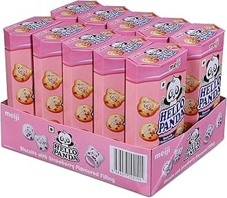 meiji Hello Panda Biscuits With Strawberry Flavoured Filling| Bite Sized Biscuits Filled With Strawberry Flavoured Cream|(Pack Of 10-470G)