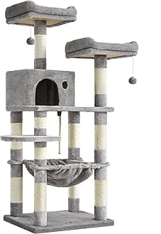 FEANDREA Cat Tree, Cat Tower for Indoor Cats, 56.3-Inch Cat Condo with Scratching Posts, Hammock, Plush Perch, Light Gray UPCT15W