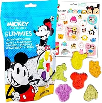 Mickey and Friends Assorted Fruit Gummies (8 Oz) - Pantry Birthday Party Favors Fruit Gummy Candy Snack Pack Bundle with Disney Character Sweet Treats, Stickers | Kids Snacks for School Lunch