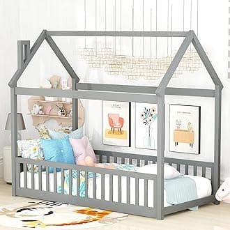 BellemaveTwin Size Kids House Bed,Floor Bed with Fence,Slats & Roof,Montessori Floor Bed for Girls,Boys,No Box Spring Needed(Grey)