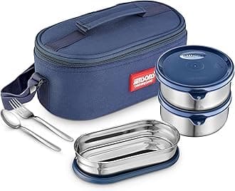 JENSONS Easy Meal Lunch Box with Steel Cutlery, 2 Premium Stainless Steel Beautiful conatiner(350 ml) &1 Oval Stainless Steel Container (500 ml) with BPA Free lids Fabric Bag Blue