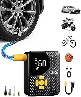 AstroAI L7 Mini Tire Inflator Portable Air Compressor,150 PSI Cordless Car Tires Air Pump with LED Lights&Pressure Gauge,Auto Shut-Off - Tire Pump for Auto,Motorcycle, Bicycle, Ball Yellow