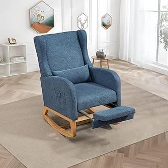 Modern Rocking Chair Nursery Glider, Comfy Rocker Nursery Chair with Foot Rest, Accent Reading Armchair with Pillow and Pocket, Upholstered Lounge Rocker with Solid Wood Base for Relaxing (Blue)