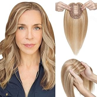 Elailite Hair Topper for Women Human Hair Thinning Hair - 100% Real Hair Extensions Clip in Toupee MIDDLE SILK BASE Crown Hair Piece (#12/613 Golden Brown Mix Bleach Blonde, 8 Inch)
