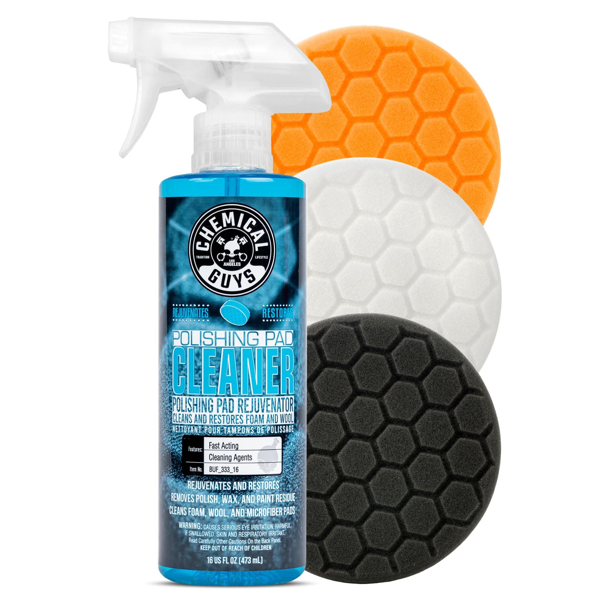 6.5" Buffing Pad Sampler Kit - 4 Piece Detailing Set with 3 Professional Foam Pads and 16 oz Polishing Pad Cleaner - Works with Dual Action and Rotary Polishers Using 6" Backing Plates