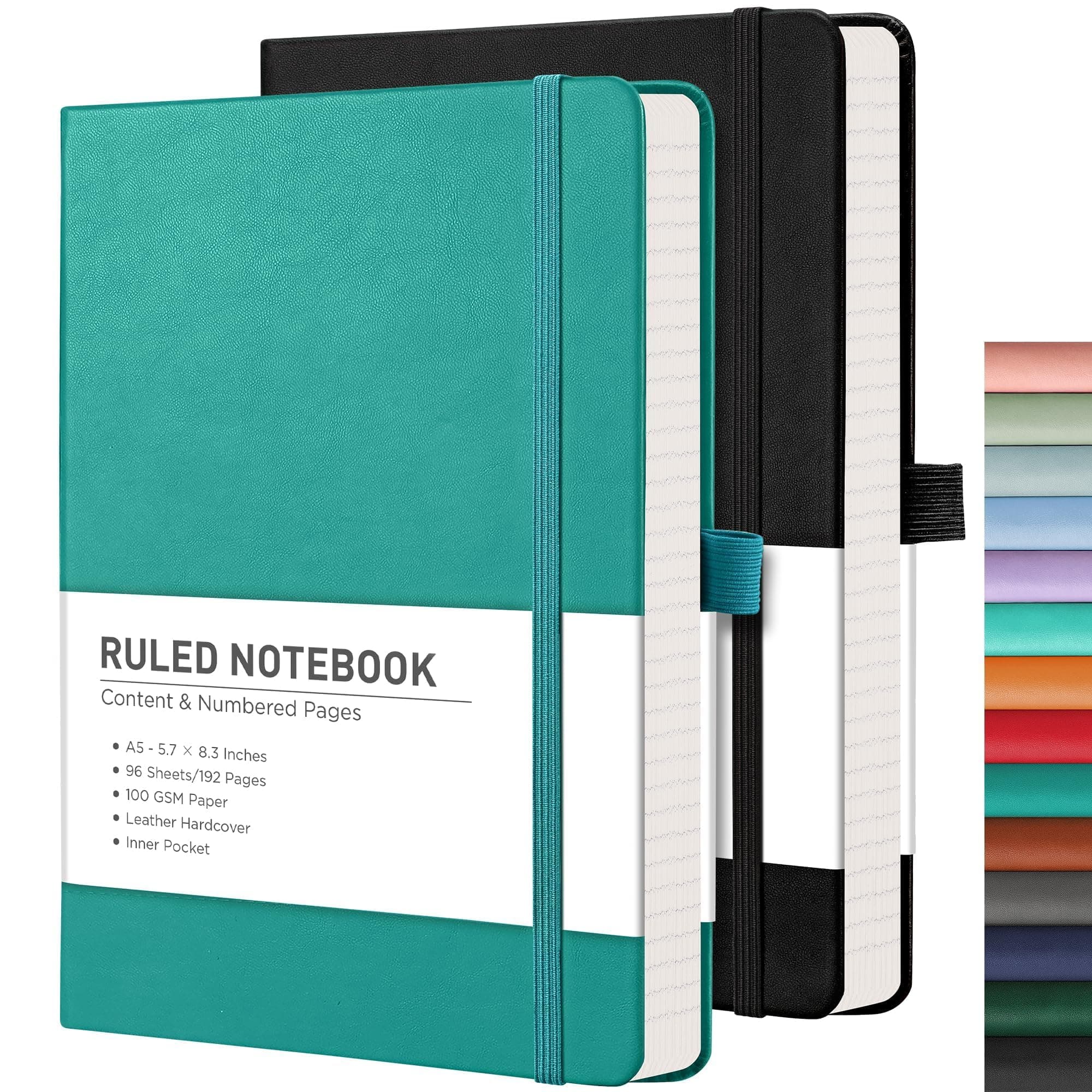 RETTACY Notepad A5 Lined 2 Pack - Leather Journal with 376 Numbered Ruled Pages, Hardcover Notebook,2 Free Sticky Notes Divider,8 Perforated Sheets, Pen Loop, Inner Pocket, 14.5 x 21cm（Black Cyan）