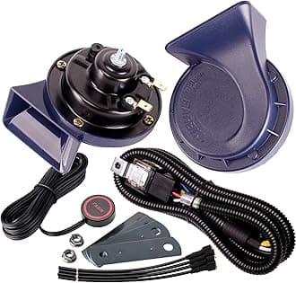 FARBIN Horn 12V Car Horns Loud Dual-Tone Waterproof Auto Horn Electric Snail Horn Kit with Relay Harness and Switch Button,Universal for Any 12V Vehicles (Blue horn with wire harness and button, 12v)