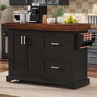 LUMISOL Kitchen Island with 3.5" Thick Desktop, 53" Rolling Kitchen Cart with 2 Extra-Large Drawers, Spice and Towel Racks, Mobile Island Table on Wheels with Storage for Dining Room, Black