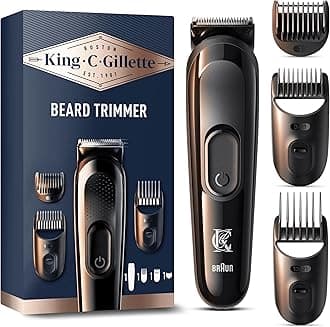 King C. Gillette Cordless Beard Trimmer Kit for Men, Electric Razor for Men with Lifetime Sharp Blades, Includes 3 Interchangeable Hair Clipper Combs, Gifts for Men, 2 Pin UK Plug