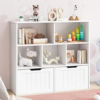 Toy Storage Organizer with Bookshelf, Large Toy Organizers and 2 Movable Drawers with Hidden Wheels and 5 Storage Cubbies, Kids Bookshelf and Toy Storage Chest, Playroom Furniture, White