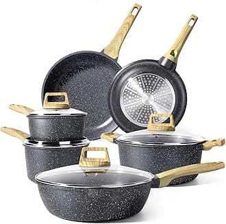 GiPP Pots and Pans Set Non Stick - 10 Pcs Grey Granite Kitchen Cookware Sets Nonstick Induction Cookware Non-toxic Cooking Pan Set with Lids, PFOS and PFOA Free
