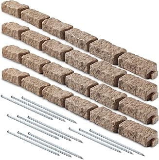 Beuta DIY No Dig Faux Stone Landscape Edging 4-Pack w/Anchoring Spikes, Flexible Brick-Sized Border for Driveways Yards Trees or Gardens, Each 6-Brick Section 47.5" L x 2.25" H x 3.75" W Sandstone
