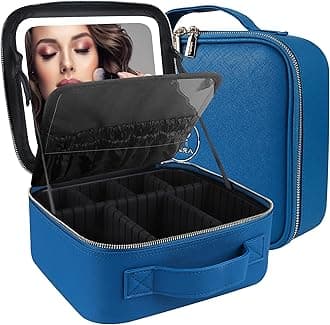 MOMIRA Travel Makeup Bag Cosmetic Bag Makeup Organizer Bag with Lighted Mirror, Adjustable Brightness in 3 Color Scenarios, Waterproof Makeup Train Case, Gift for Women - Cyan Blue