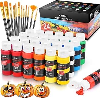 Caliart 24 Colors Acrylic Paint Set with 12 Brushes, Art Craft Paints Gifts for Adults Artists, Halloween Pumpkin Canvas Ceramic Rock Eggs Painting Kit Art Supplies Easter Basket Stuffers