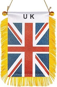 WXTWK 3 X 5 Inch UK United Kingdom Flag British Window Hanging Flag Small Mini Car Flags Banners Rearview Mirror Decoration With Suction Cup Golden Fringy Banner