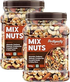 Healthy Nutmix 1kg, Dried Almonds, Black Raisins, Cashewnuts, Cranberries, Green Raisins, Walnut Kernels & Many More. Pack of 2 (500g Each Jar)