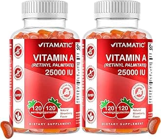 Vitamatic Sugar Free Vitamin A 25000 IU Gummies (Retinyl Palmitate) - Natural Strawberry Flavor - 120 Pectin Based Gummies (2 Bottles)
