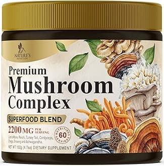 Mushroom Powder Supplement - 2200mg Per Serving - Organic Lions Mane, Reishi, Cordyceps, Chaga, Turkey Tail Mushroom Extract - 11 in 1 Blend Powder for Brain Support - Bottled in USA - 60 Servings