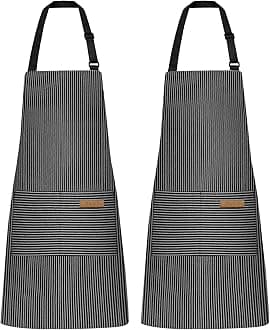 NLUS 2 Pack Kitchen Cooking Aprons, Adjustable Bib Soft Chef Apron with 2 Pockets for Men Women (Black Pinstripes)