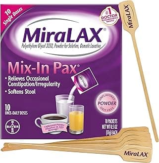 MiraLAX Laxative Powder for Gentle Constipation Relief, 10 Count Mix-In Packs + Mixing Stirrers