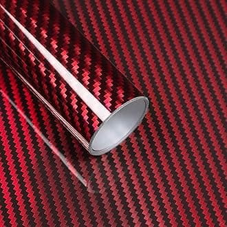 Carbon Fiber Vinyl Wrap, High Gloss Car Wrap Vinyl Roll with Air Release Technology, Self Adhesive Vehicle Interior Exterior Decoration Automotive DIY Decal Sticker Film (Red, 1ft x 10ft)