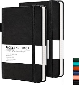 RETTACY Pocket Journal Notebook, 2-Pack, 160 Numbered Lined Pages per Pack, A6 Mini Small Size (3.5" × 5.5"), for Work, Journaling, Leather Hardcover, 100 GSM Thick Paper (Black & Black)