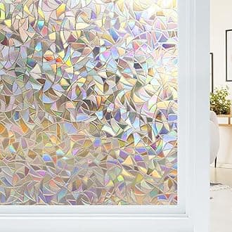 Haton Window Privacy Film, Stained Glass Rainbow Film Decorative Window Clings, Static Cling Sun Blocking Stickers Decals Coverings Tint for Home Heat Control, Non-Adhesive 11.8" x 78.7"