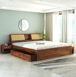 TG Furniture Sheesham Wood King Size Bed with Pullout Storage | Wooden Double Bed with 2 Drawer Storage for Bedroom & Hotel | Platform Cot Bed Palang | 78 * 72 Inch, Natural Finish