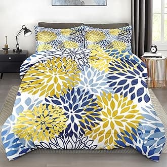 Comforter Set Queen Size, Spring Floral Navy Blue Soft 3 Pcs Bedding for Kids and Adults, Grey Yellow Flower Green Comforter Set with 2 Pillowcases, for Bedroom Bed Decor