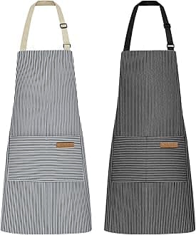NLUS 2 Pcs Kitchen Cooking Aprons, Poly/Cotton Blend Adjustable Soft Bib Stripe Aprons with 2 Pockets for Women Men Chef (Blue Pinstripes/Black Pinstripes)