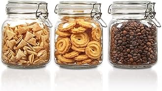 34oz Glass Food Storage Jars with Airtight Clamp Lids, 3 Pack Kitchen Canisters for Flour, Cereal, Coffee, Pasta and Canning, Square Mason Jar with 8 Chalkboard Labels