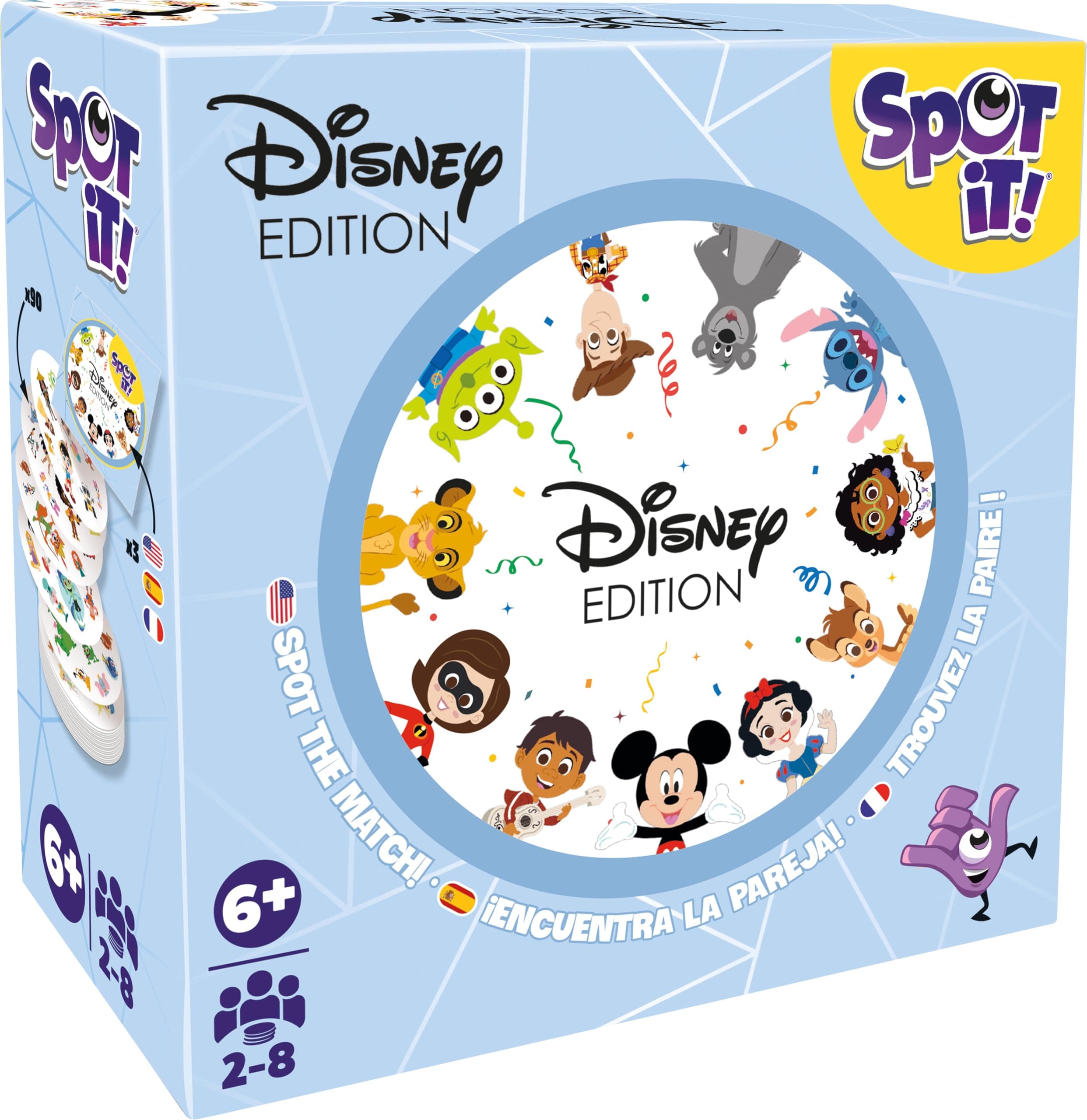 Asmodee Spot It! Disney Card Game Eco-Blister Edition, 5-in-1 Visual Perception Game for Quick Reflexes and Family Fun, Ages 6+, 2-8 Players, 10 Minute Playtime