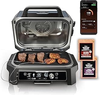 Ninja OG951 Woodfire Pro Connect Premium XL Outdoor Grill & Smoker, Bluetooth, App Enabled, 7-in-1 Master Grill, BBQ Smoker, Outdoor Air Fryer, Woodfire Technology, 2 Built-In Thermometers, Black/Blue