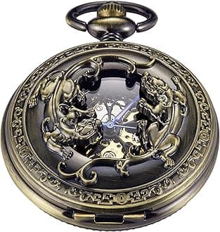 Bronze Men's Antique Mechanical Pocket Watch, Skeleton Mechanical Roman Numerals Pocket Watch with Chain + Box