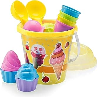 Top Race Beach Set, Ice Cream and Cake Series Mould Set, 14 Piece Set with Large 9 Inch Ice Cream Bucket, Yellow or Blue (Yellow)