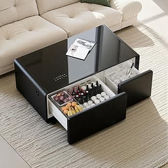 Smart Coffee Table, Living Room Table with Refrigerator and Freezer Drawers, 23" D x 41.5" W x 18.2" H, 15W Wireless Charging, USB Chargers and Speakers (LT90-FreezerX, Black)