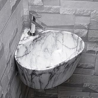Ceramic Corner Small Wall Mounted Corner Basin for Bathroom & Living Room (14.17 X 13.38 X 6.10 In), Glossy, White