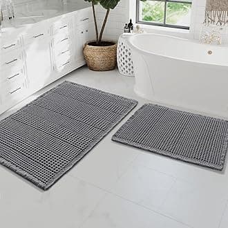 H.VERSAILTEX Waffle Bath Mat Super Absorbent Bathroom Mats Non Slip Bath Rugs for Bathroom Floor Machine Washable Ultra Soft Bathroom Rugs for Beside Tub, (32 x 20 Plus 24 x 17 - Inches, Grey)