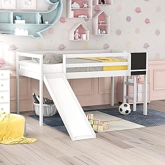 Twin Over Twin Metal Bunk Bed, Low Bunk Bed with Safety Ladder and Children's Slide for Kids Teenagers, Saving Space, Easy Installation(White)