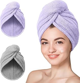Hicober Microfiber Hair Towel,2Packs Super Absorbent Quick Dry Hair Towel Turban Soft Wrap for Women,Hair Care Accessories Wet Hair(Purple,Grey)