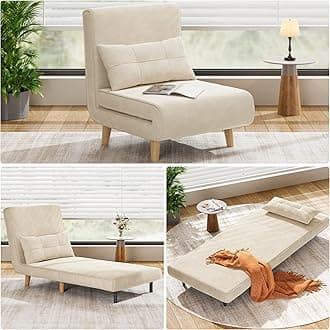 Aiho Futon Sofa Bed, 3-in-1 Convertible Sleeper Chair Bed, Futon Chair with 6-Level Adjustable Backrest and Pillow for Guest Room Apartment Dorm, Velvet Beige